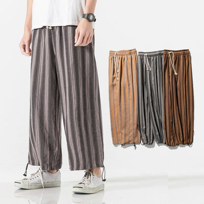 Loose Linen Trousers Men Cropped Striped For Summer - Carvan Mart
