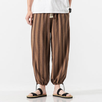 Loose Linen Trousers Men Cropped Striped For Summer - Dark khaki - Men's Pants - Carvan Mart