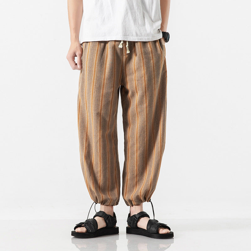 Loose Linen Trousers Men Cropped Striped For Summer - Carvan Mart