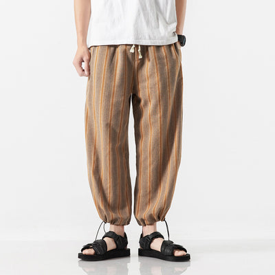 Loose Linen Trousers Men Cropped Striped For Summer - Khaki - Men's Pants - Carvan Mart