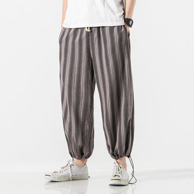 Loose Linen Trousers Men Cropped Striped For Summer - Carvan Mart