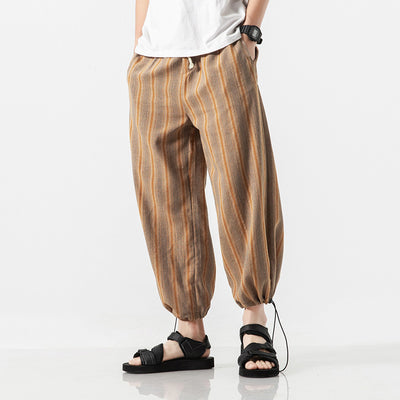 Loose Linen Trousers Men Cropped Striped For Summer - Carvan Mart