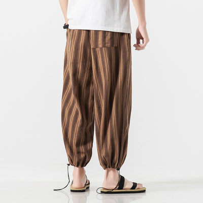 Loose Linen Trousers Men Cropped Striped For Summer - Carvan Mart