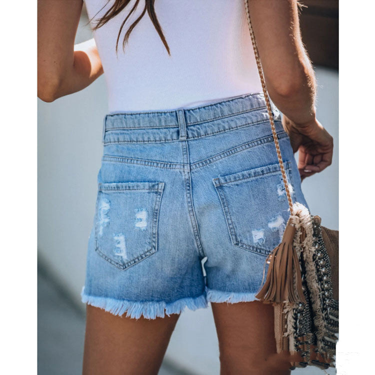 Fringed Denim Shorts Ripped Stitching Ladies Jeans - Carvan Mart