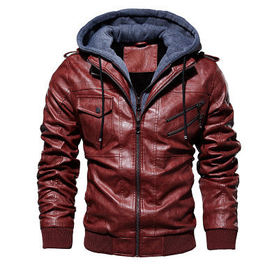 Winter Fashion Motorcycle Leather Jacket Men Slim Fit Oblique Zipper PU Streetwear - Wine red - Genuine Leather - Carvan Mart