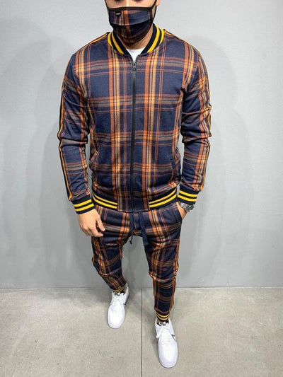 Men's Leisure Suits Tracksuits Grid Two-piece Patchwork Zipper Tracksuits Sportswear Sets - Blue - Men Suits & Sets - Carvan Mart