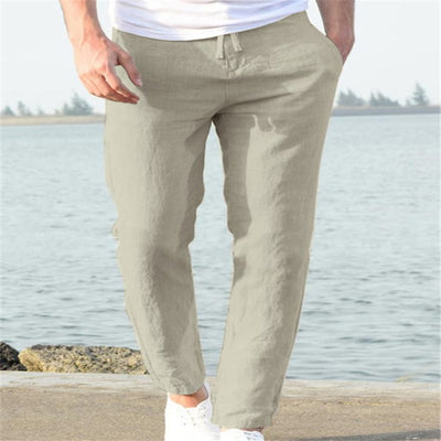 Men's Linen Summer Casual Pants - Comfortable Drawstring Trousers - Apricot - Men's Pants - Carvan Mart