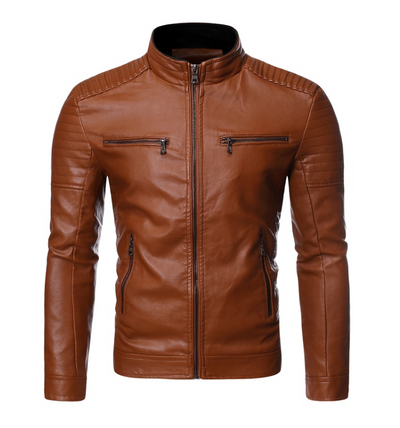 Zip decorative motorcycle jacket - Brown - Genuine Leather - Carvan Mart