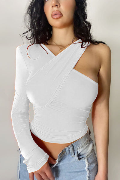 Oblique Shoulder Single Sleeve Elastic Temperament Fashion Casual Top - Carvan Mart