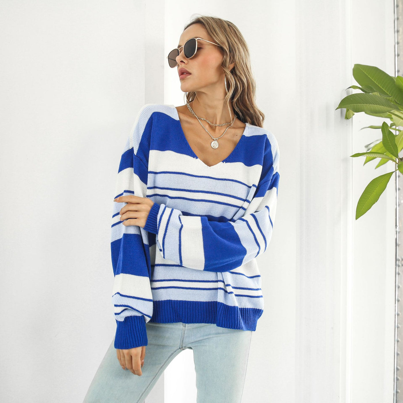 Women's Fashionable Loose Striped V-neck Long-sleeved Sweater - - Winter Tops - Carvan Mart