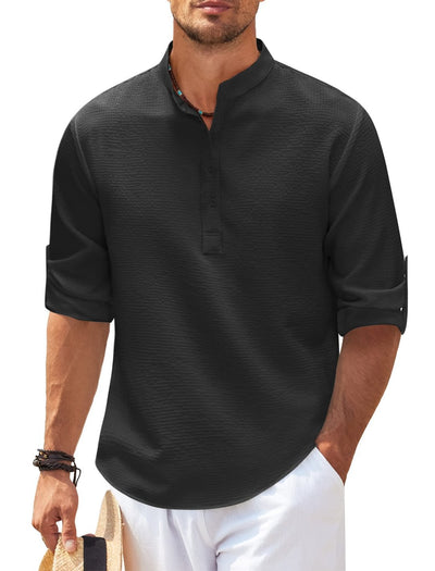 Men's Casual Long Sleeve Stand Collar Solid Color Shirt - Black - Men's Shirts - Carvan Mart