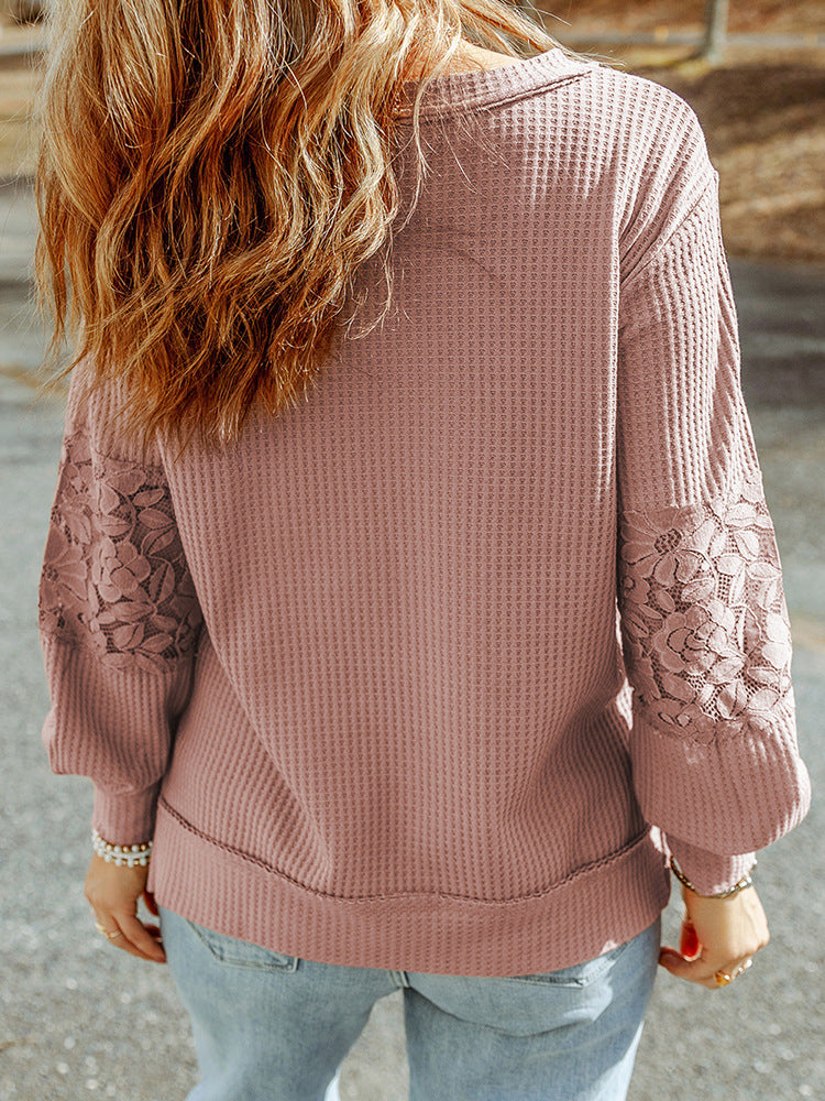 Women's Lace Waffle Long-sleeve Top - Carvan Mart