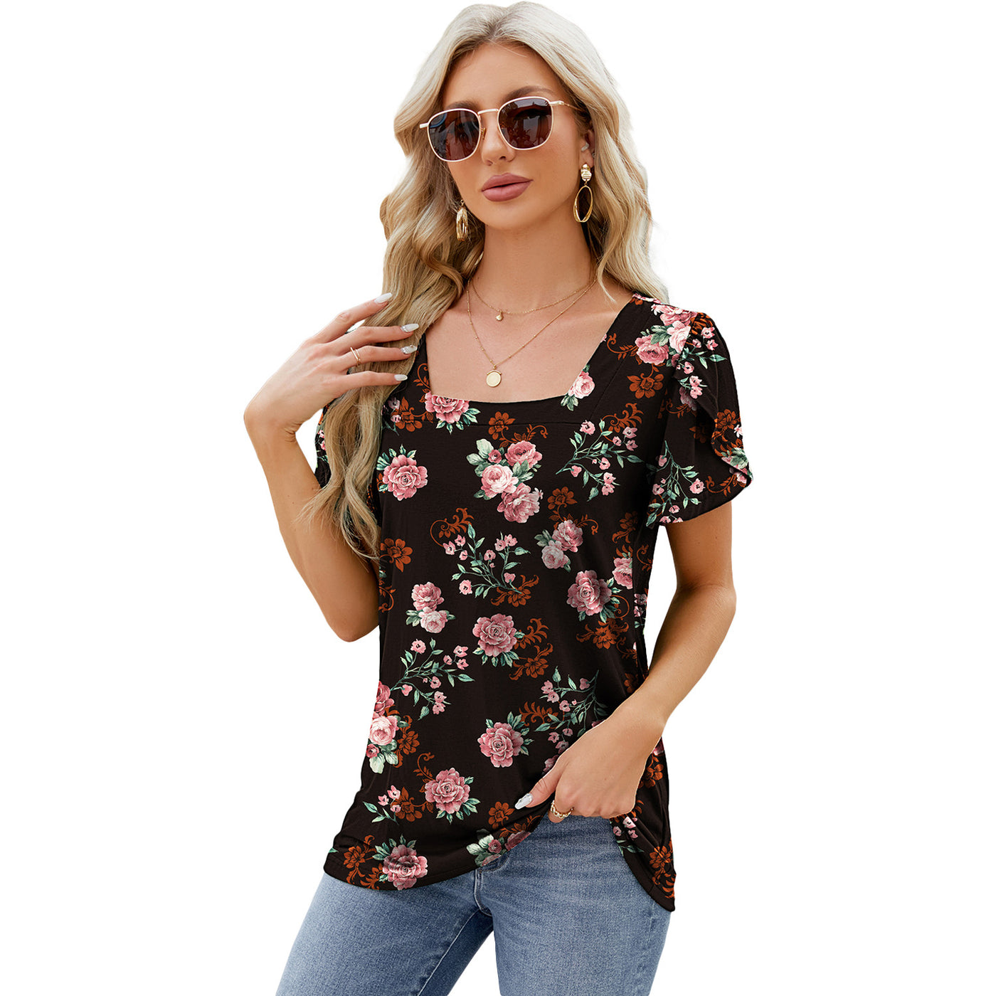 Bohemian Summer Top Square Neck With Petal Sleeve Design Women's T-shirt - Black Flower - Blouses & Shirts - Carvan Mart