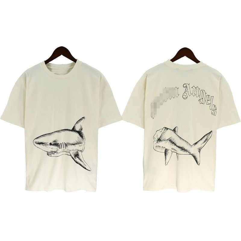 Shark Print Short Sleeve Trendy Men New Cotton T-shirt Cut Two Shark Loose T-shirt - - Men's Shirts - Carvan Mart