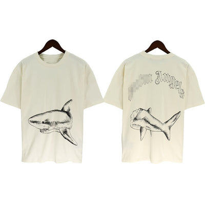 Shark Print Short Sleeve Trendy Men New Cotton T-shirt Cut Two Shark Loose T-shirt - Carvan Mart