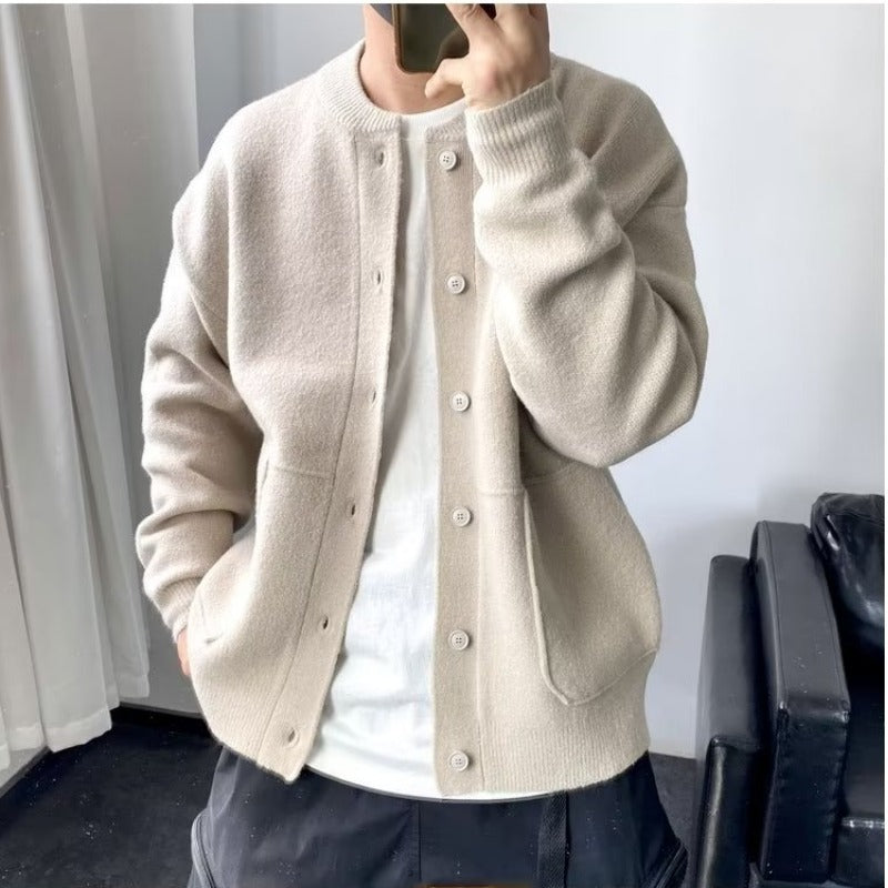 Wool Cardigan Men's Spring And Autumn Hong Kong Style Sweater Round Neck Jacket Simple Loose Thick Sweater Coat - - Men's Sweaters - Carvan Mart