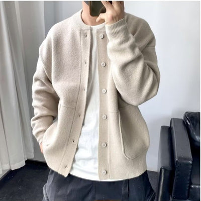 Wool Cardigan Men's Spring And Autumn Hong Kong Style Sweater Round Neck Jacket Simple Loose Thick Sweater Coat - Carvan Mart