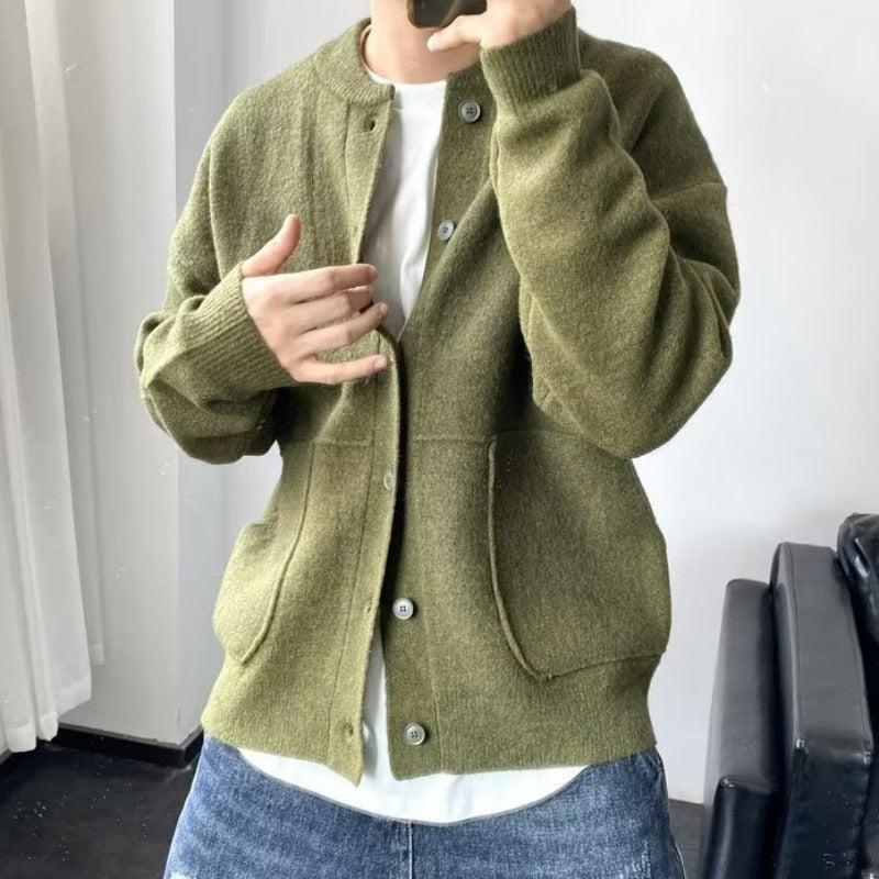 Wool Cardigan Men's Spring And Autumn Hong Kong Style Sweater Round Neck Jacket Simple Loose Thick Sweater Coat - Carvan Mart