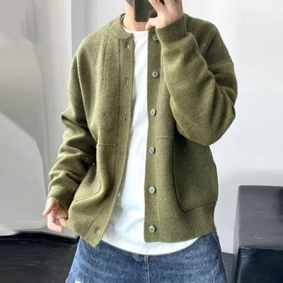 Wool Cardigan Men's Spring And Autumn Hong Kong Style Sweater Round Neck Jacket Simple Loose Thick Sweater Coat - Carvan Mart