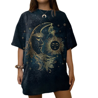 Women's Retro Shirt Sun And Moon Printed Short Sleeve T-shirt - Carvan Mart