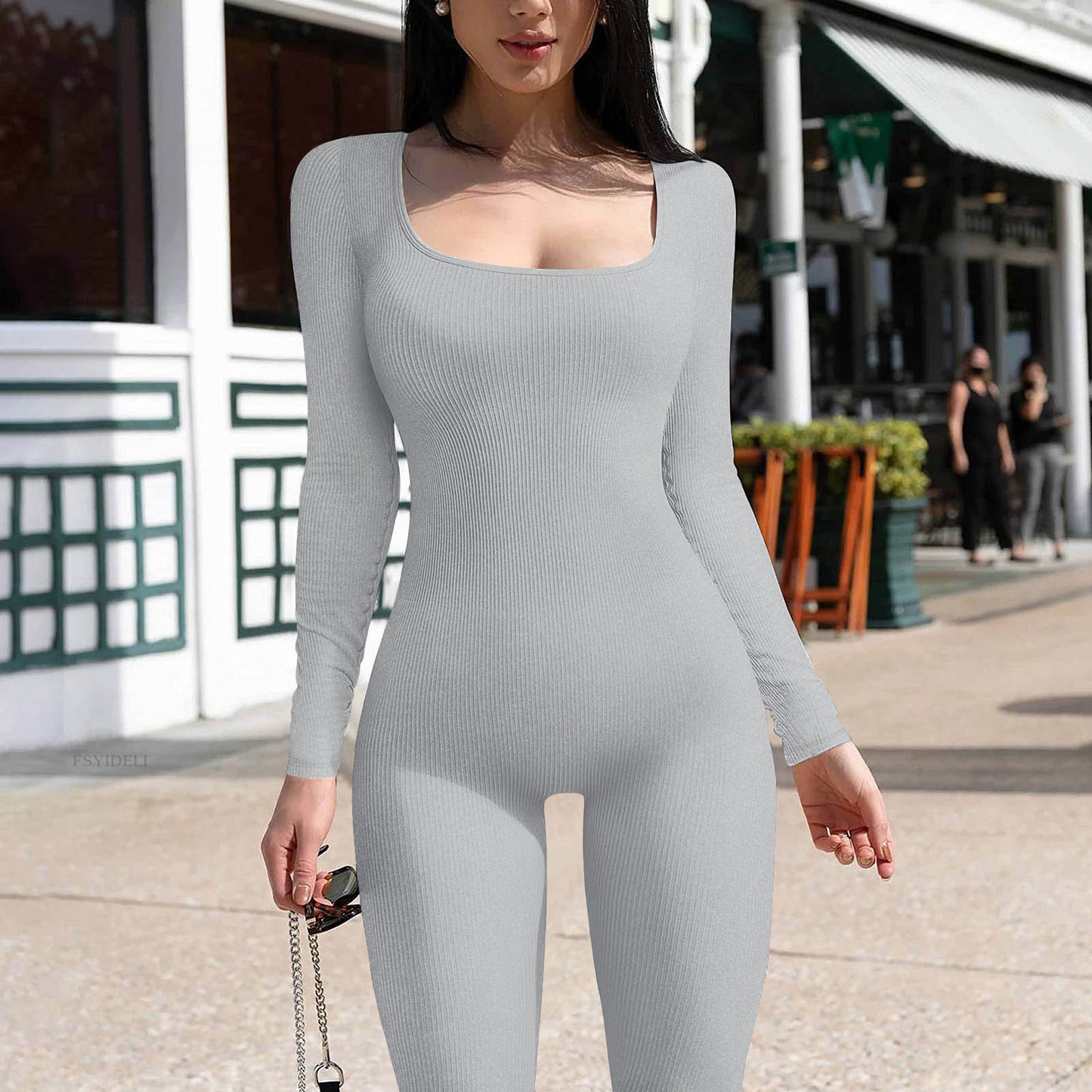 Long Sleeve Vest Jumpsuit Thread Square Collar Backless Hip Raise Slim Fit Sports Jumpsuit - Carvan Mart Ltd