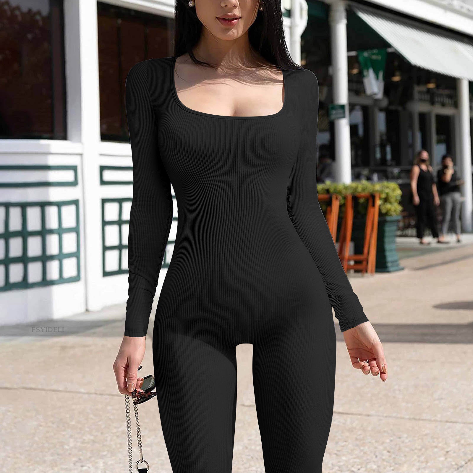 Long Sleeve Vest Jumpsuit Thread Square Collar Backless Hip Raise Slim Fit Sports Jumpsuit - Carvan Mart Ltd