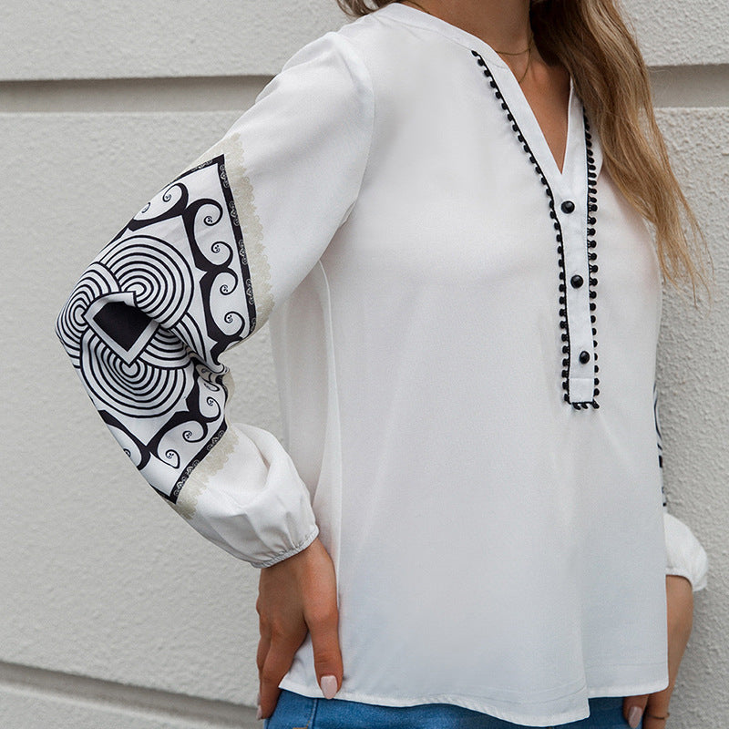 Relaxed-fit V-neck Tees Flared Fashionable Geometric Printed Loose Long Sleeve Stylish Women's Blouses - Carvan Mart