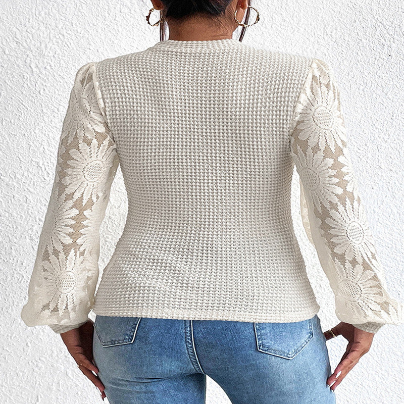 Knitwear Women's Lace Stitching Hollow-out Long-sleeved Top - Carvan Mart