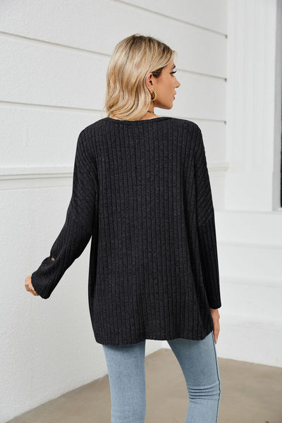 Women's Sunken Stripe Fleece Long-sleeve T-shirt Boat-neck Striped Tees - - Winter Tops - Carvan Mart