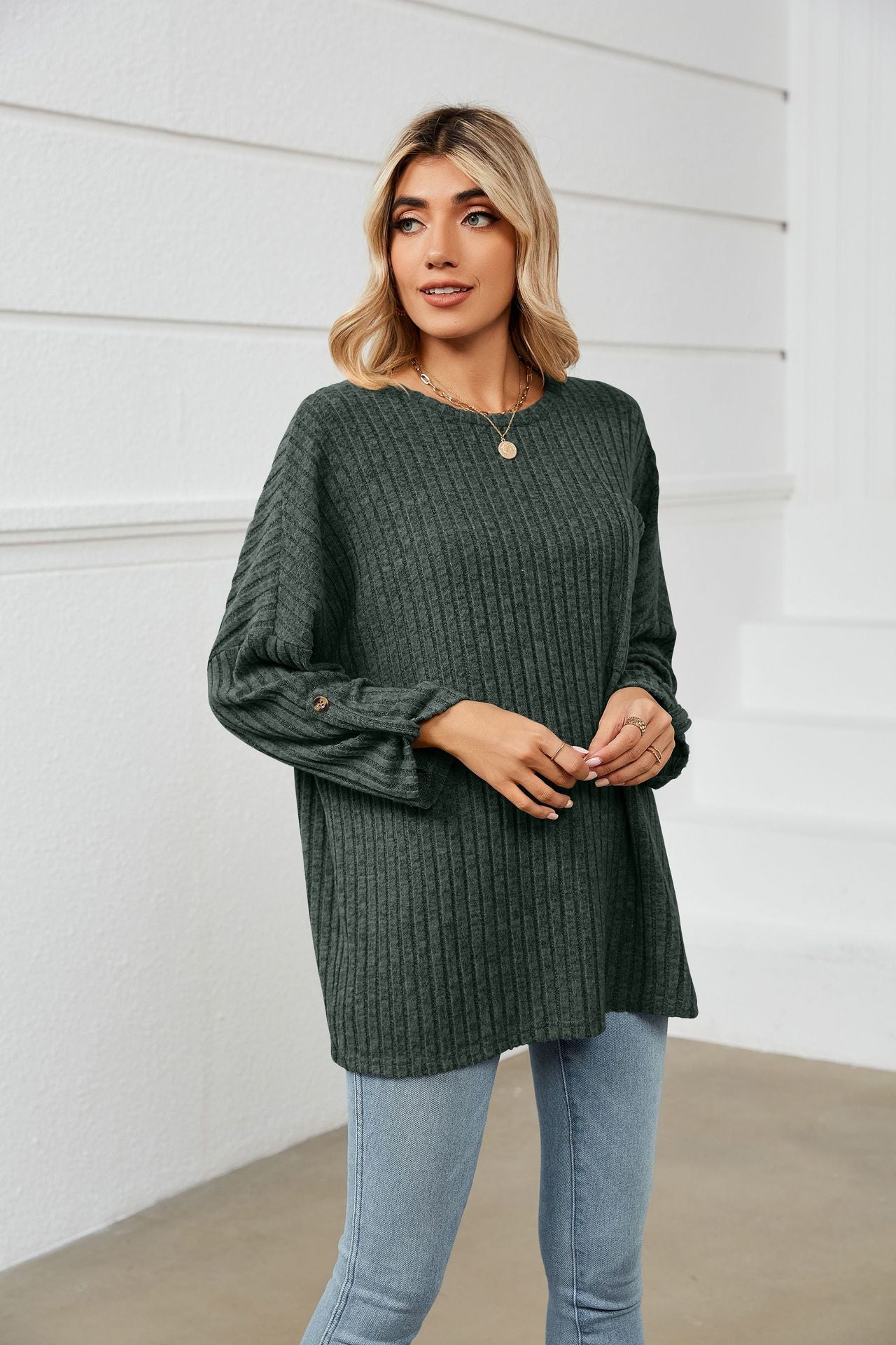 Women's Sunken Stripe Fleece Long-sleeve T-shirt Boat-neck Striped Tees - - Winter Tops - Carvan Mart