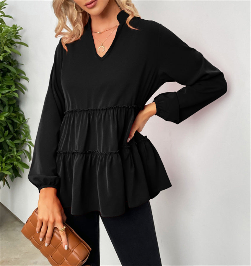 Solid Color V-neck Layered Ruffle Blouse - Carvan Mart