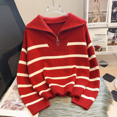 Korean Style Loose Fashion Zipper Striped Sweater - - Sweaters - Carvan Mart