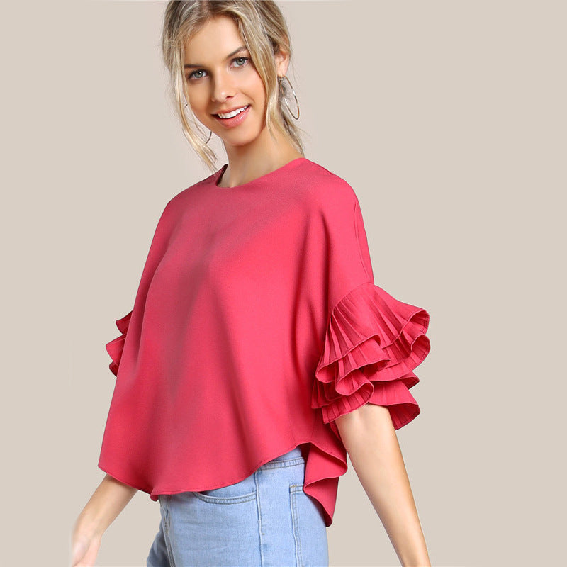 Layered Ruffle Blouses Double Layer Bell Sleeve Short Chic T-shirt - Carvan Mart