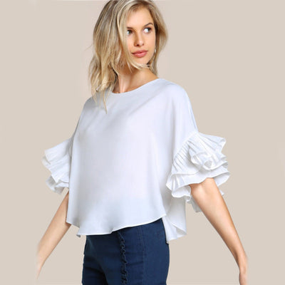 Layered Ruffle Blouses Double Layer Bell Sleeve Short Chic T-shirt - White - Winter Tops - Carvan Mart