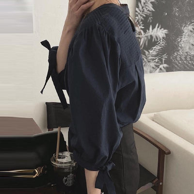 Round Neck Pleated Design Loose Bow Lace-up Lantern Sleeve Shirt Top - Carvan Mart