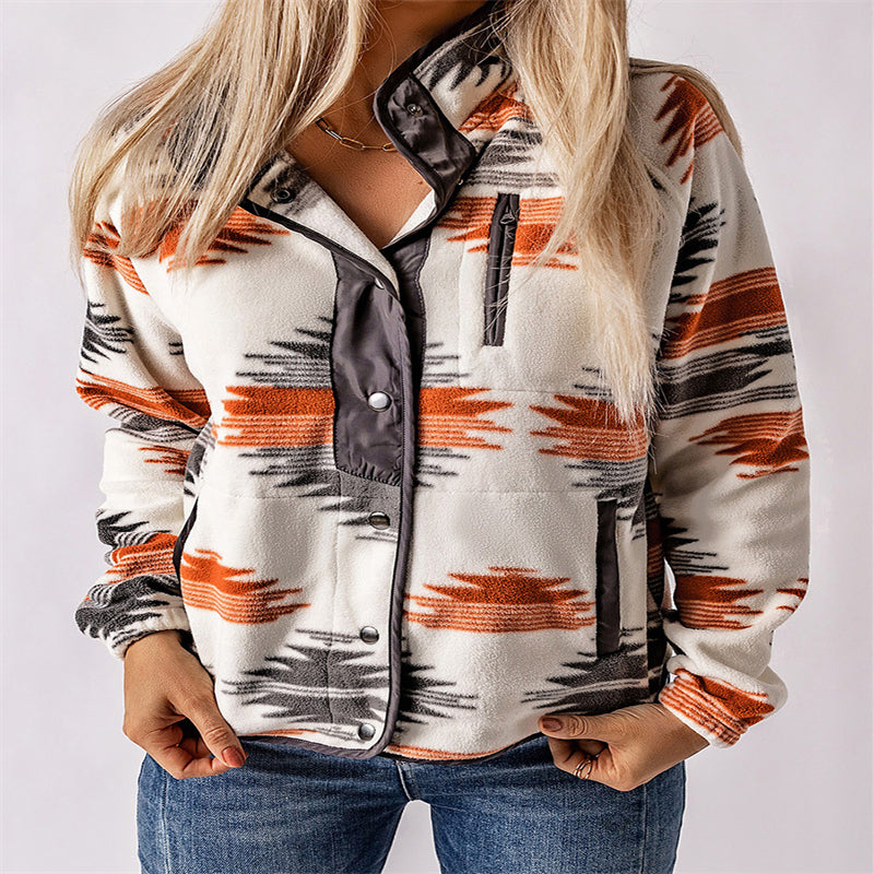 Winter Women's Printed Cardigan Jacket Fashion Color Contrast Fleece Coat - - Women's Coats & Jackets - Carvan Mart