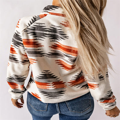 Winter Women's Printed Cardigan Jacket Fashion Color Contrast Fleece Coat - Carvan Mart