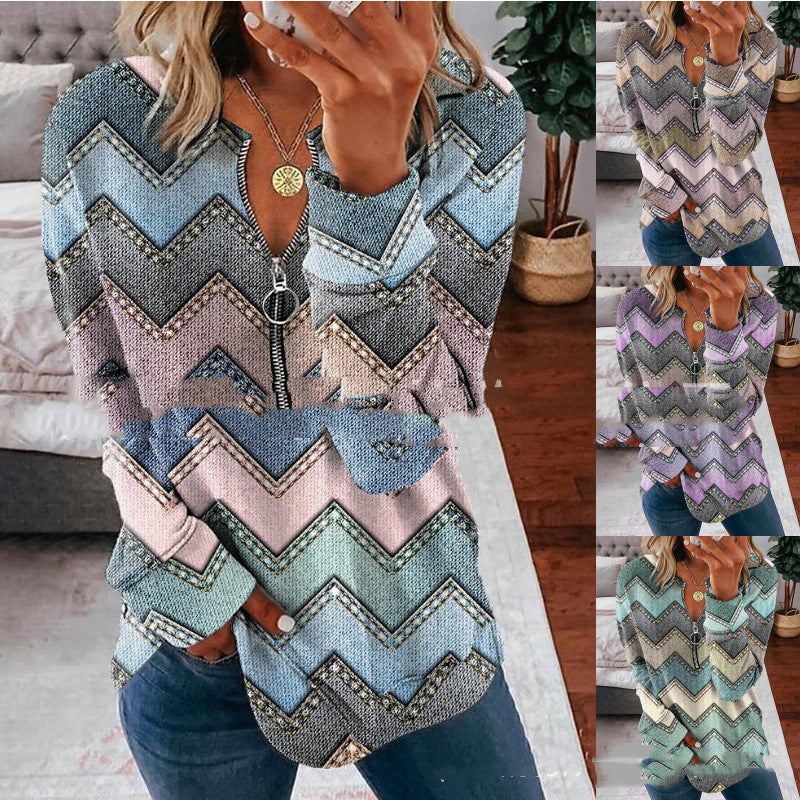 Striped Printed Shirt Long-sleeve Zipper Women's Top - Carvan Mart