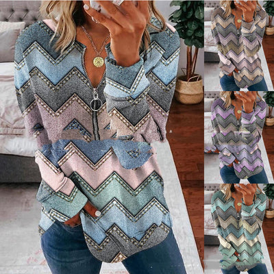 Striped Printed Shirt Long-sleeve Zipper Women's Top - - Winter Tops - Carvan Mart