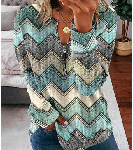 Striped Printed Shirt Long-sleeve Zipper Women's Top - - Winter Tops - Carvan Mart