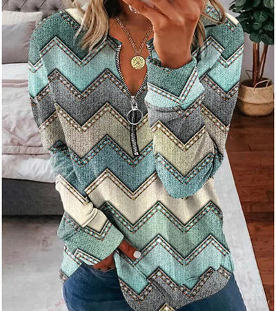 Striped Printed Shirt Long-sleeve Zipper Women's Top - - Winter Tops - Carvan Mart