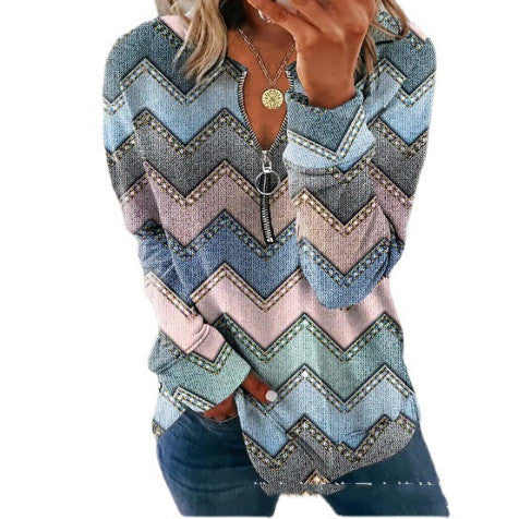 Striped Printed Shirt Long-sleeve Zipper Women's Top - Carvan Mart