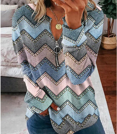 Striped Printed Shirt Long-sleeve Zipper Women's Top - - Winter Tops - Carvan Mart