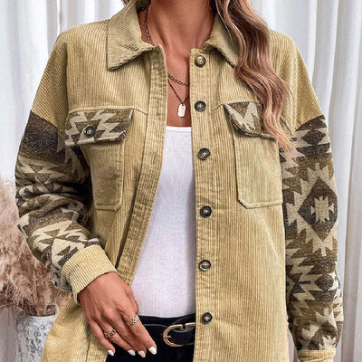 Fashion Print Stitching Lapel Women's Khaki Cotton Jacket - - Women's Coats & Jackets - Carvan Mart