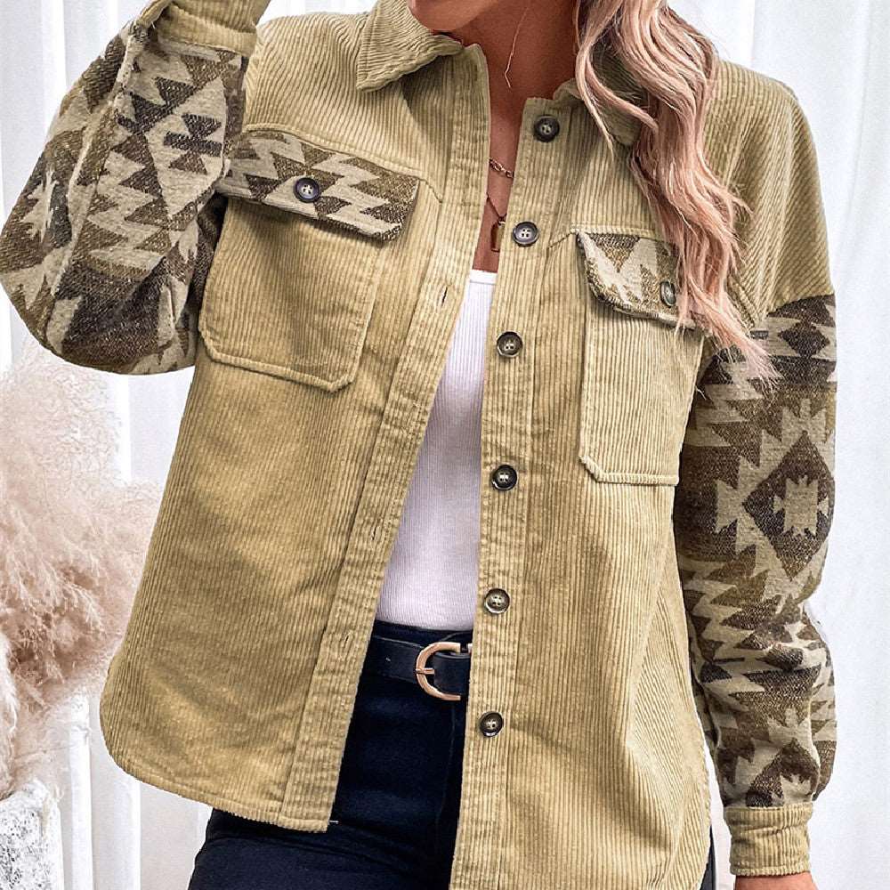 Fashion Print Stitching Lapel Women's Khaki Cotton Jacket - Carvan Mart