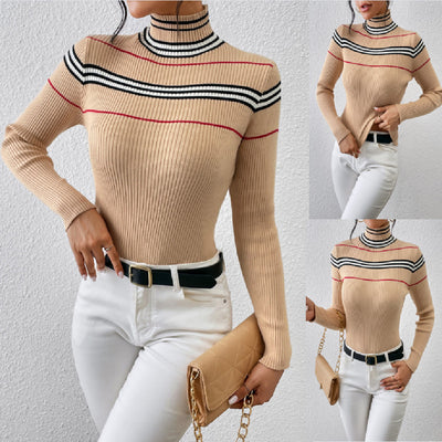 Women's Knitted Solid Color Striped Pullover - - Winter Tops - Carvan Mart