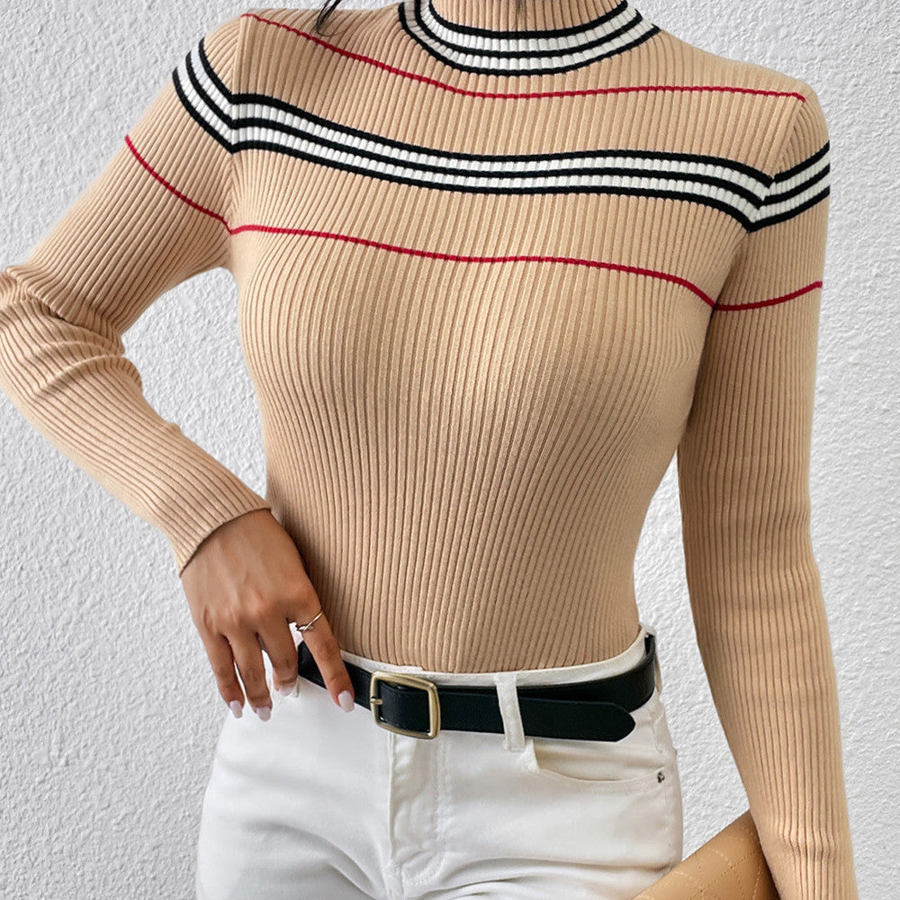 Women's Knitted Solid Color Striped Pullover - - Winter Tops - Carvan Mart