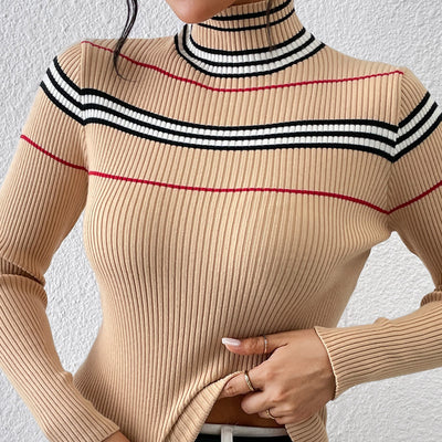 Women's Knitted Solid Color Striped Pullover - Carvan Mart