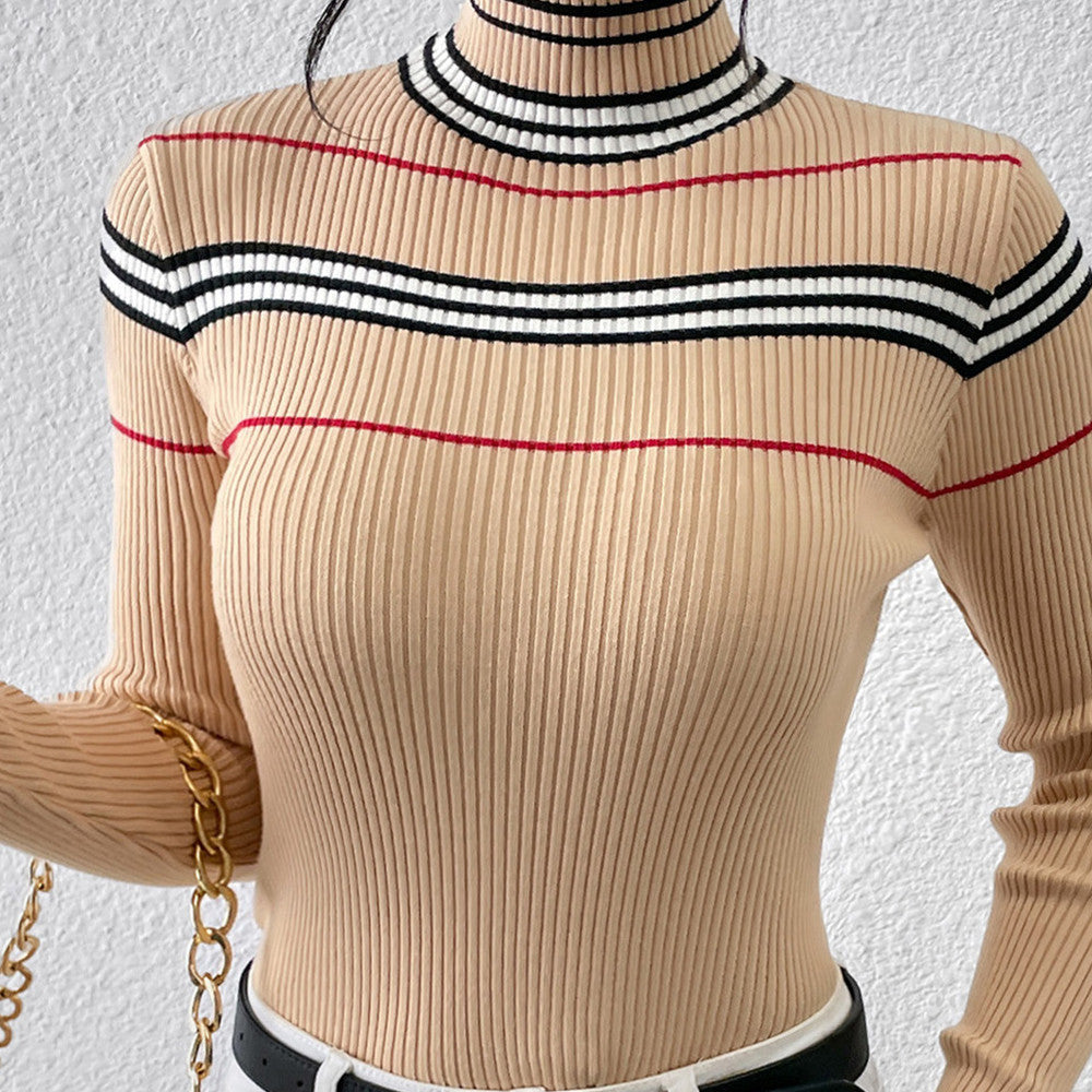 Women's Knitted Solid Color Striped Pullover - - Winter Tops - Carvan Mart