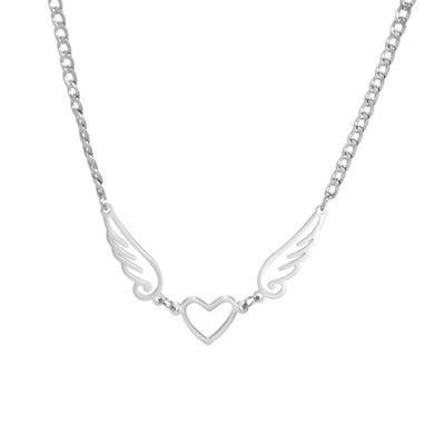 Hollow Heart Angel Wing Necklace - Steel - Necklaces - Carvan Mart